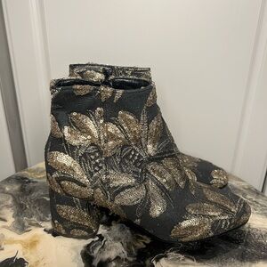 Tapestry Brocade Gold Sequin Leather Soled Boots